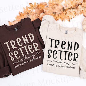 Gildan 18000 Sweatshirt Mockup: Dark Chocolate + Sand Fall Flat Lay (Digital Download)