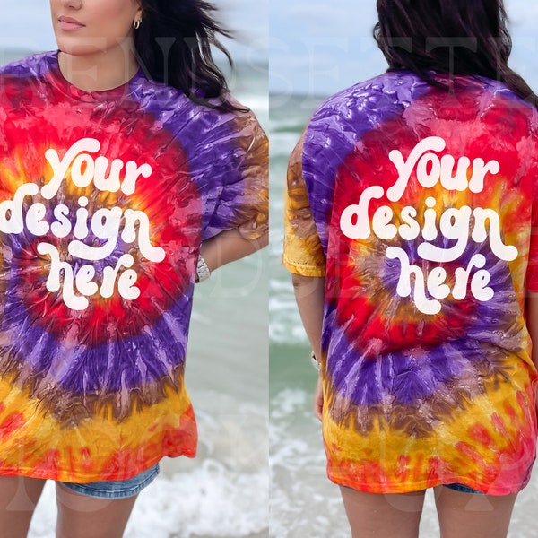 Colortone Festival Mockup, Beach CD100 Tie Dye Tee Shirt Mock-up, Front and Back Colortone CD100 Styled Mockup