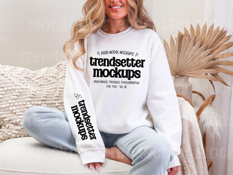 Gildan 18000 Sleeve Mockup Bundle: Boho G18000 Sweatshirt Mocks, Real Model image 8