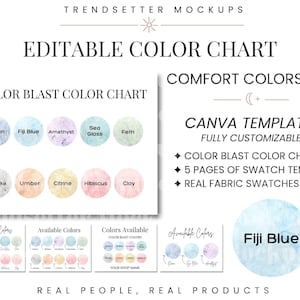 May include: An editable color chart with the text "EDITABLE COLOR CHART" and "COLOR BLAST COLOR CHART". The chart includes color swatches labeled "Ocean", "Fiji Blue", "Amethyst", "Sea Glass", "Fern", "Smoke", "Umber", "Citrine", "Hibiscus", and "Clay".