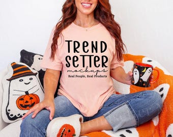 Bella Canvas 3001 Peach Halloween Mockup, BC3001 T-Shirt, Real Person Model