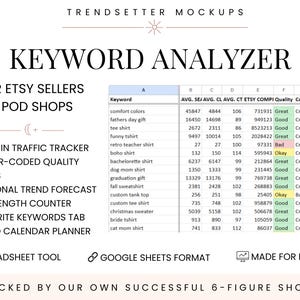 Keyword Analyzer Spreadsheet for Etsy Sellers | SEO Tag Tracker | POD Listing Planner Tool | Trend Calendar | Google Sheets Template
