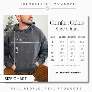 Mens Comfort Colors 1567 Size Chart, CC1567 Comfort Colors Unisex Size Chart, Oversized Hooded Sweatshirt, Comfort Colors Mockups
