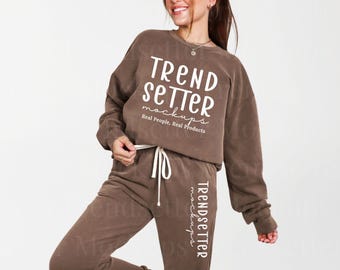 Comfort Colors 1466, 1469 Espresso Set Mockup | CC1469 Fleece Sweatpants | CC1466 Crewneck Sweatshirt | Real Person Model | Cozy Aesthetic