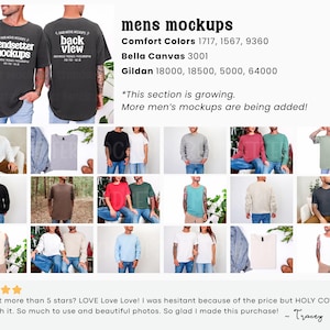 May include: A promotional image showcasing a variety of men's mockup t-shirts in different colors and styles. The image includes text that reads "mens mockups" and lists the brands Comfort Colors, Bella Canvas, and Gildan. The image also includes a customer review.