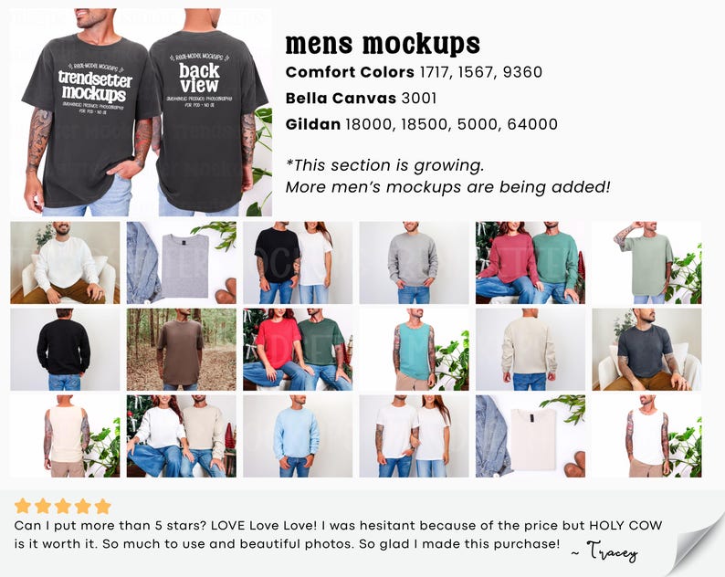 May include: A promotional image showcasing a variety of men's mockup t-shirts in different colors and styles. The image includes text that reads "mens mockups" and lists the brands Comfort Colors, Bella Canvas, and Gildan. The image also includes a customer review.