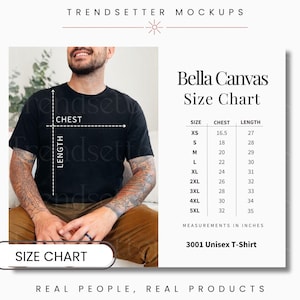Herren Bella Canvas 3001 Größentabelle, Unisex BC 3001 Größentabelle, Herren-T-Shirt Größentabelle, Bella und Canvas Mockup, Real Person Model