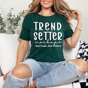 Bella Canvas 3001 Forest Mockup, BC3001 Trendy Checkered Mock-Up, Simple Green Blank Tshirt Mock for POD Shops, Real Person Model