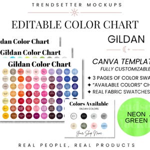 Carta de colores editable de Gildan, muestras de tela Gildan 5000, plantilla de Canva Gildan 2000, tabla de colores Gildan 64000, sudadera Gildan 18000