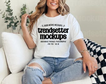 Gildan 5000 White T-shirt Mockup, G5000 Tee, Real Person Model