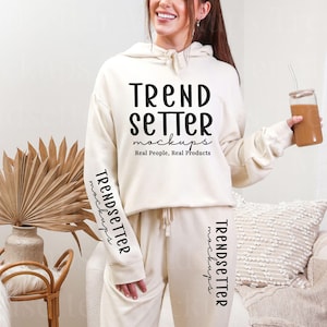 Comfort Colors 1467, 1469 Ivory Set Mockup | CC1469 Fleece Sweatpants | CC1467 Sleeve Design Mock-up | Real Person Model | Cozy Aesthetic
