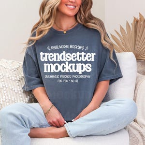 Comfort Colors 1717 Denim T-Shirt Mockup, CC1717 Oversized Tee, Neutral Boho Lifestyle, Real Person Model image 1