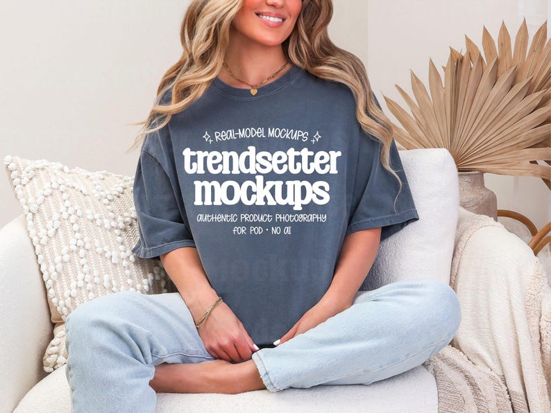 Comfort Colors 1717 Denim T-Shirt Mockup, CC1717 Oversized Tee, Neutral Boho Lifestyle, Real Person Model image 1
