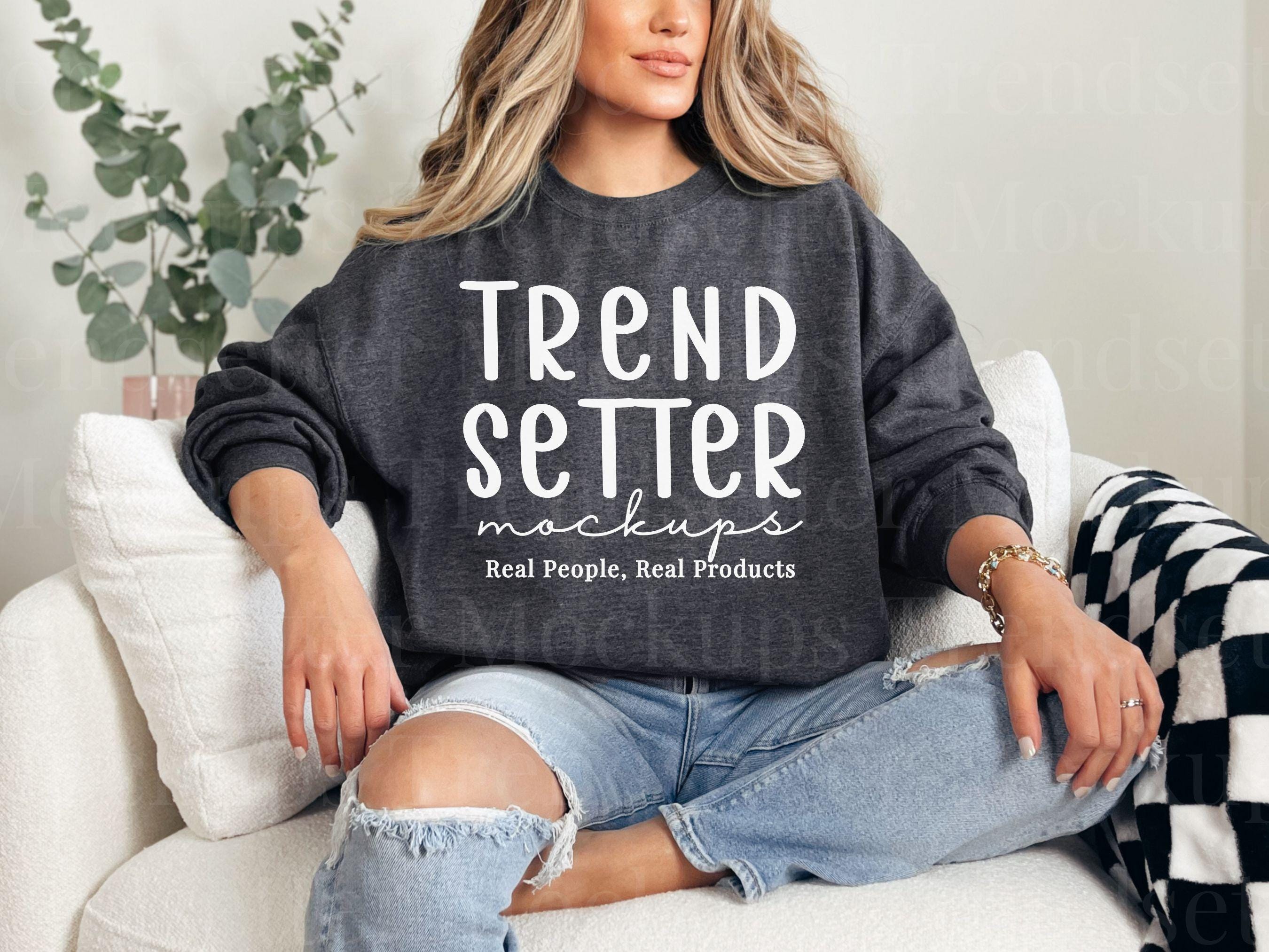 Gildan 18000 Dark Heather Mockup, G18000 Crewneck Sweatshirt Boho Mock-up, Trendy Minimalist Grey Pullover, Real Human Model