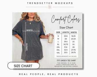 Comfort Colors 1717 Size Chart, CC1717 Comfort Colors Sizing Guide, Oversized TShirt Measurements, Comfort Colors Mockups, Real Human Model