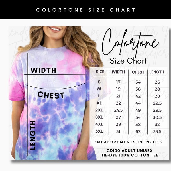 Colortone CD100 Size Chart, Tie Dye Adult Cotton Unisex T-Shirt Size Guide, Oversized Size Chart, Colortone Mockup
