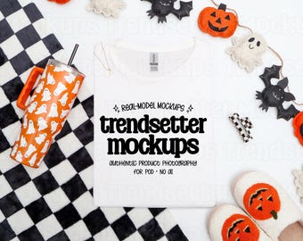 Gildan 64000 White Halloween T-shirt Mockup, Fall G64000 Flat Lay, No AI