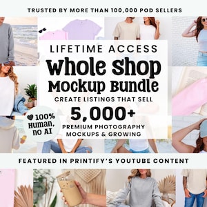 May include: A digital marketing graphic for a lifetime access whole shop mockup bundle featuring over 5,000 premium photography mockups. The collage displays various apparel items including sweatshirts, t-shirts, tank tops, and a baseball cap.