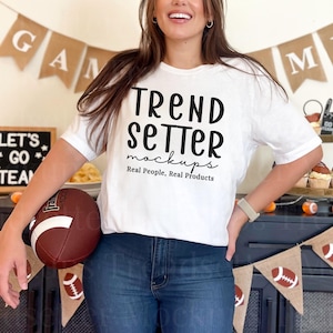 Bella Canvas 3001 White Mockup, BC3001 Fall Football Mock-Up, Trendy Game Day Oversized Tshirt Model for Sublimation, Real Person Model