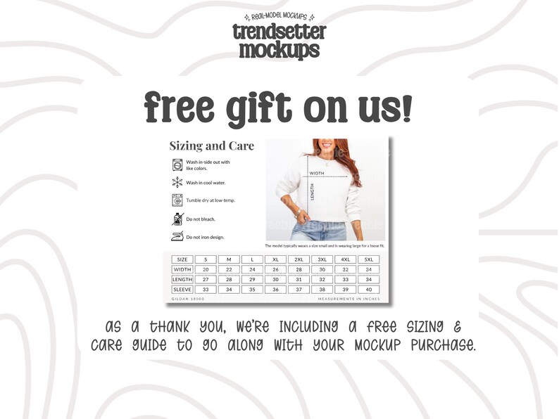 The image is a promotional graphic for a free gift on a clothing item, specifically a sweater. It features a woman wearing the sweater and provides a size guide for the item.