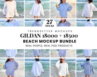 Gildan Beach Mockup Bundle | G18000 Sweatshirt Mini Bundle | G18500 Hooded Sweater | Outdoor Front and Back Mockups | Real Person Model