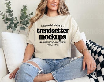 Sand Gildan 5000 T-Shirt Mockup, G5000 Oversized Tee, Real Model (Digital Download)