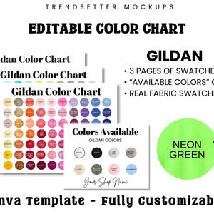 Op de afbeelding: Een bewerkbare kleurenkaart-mockup met de tekst "EDITABLE COLOR CHART" en "GILDAN". De afbeelding bevat kleurstalen en de tekst "3 PAGES OF SWATCHES", "AVAILABLE COLORS CHART" en "REAL FABRIC SWATCHES". Er is ook een neon groene cirkel aanwezig.