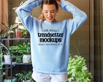 Gildan 18000 Light Blue Mockup, G18000 Crewneck Sweatshirt, Boho Lifestyle, Real Person Model
