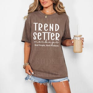 Comfort Colors 1717 Espresso Mockup, CC1717 Oversized Tee Horizonal Mock-up, Trendy Minimalist Mockup, Brown Crewneck Tshirt, Real Person