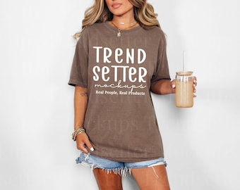 Comfort Colors 1717 Espresso Mockup, CC1717 Oversized Tee Horizonal Mock-up, Trendy Minimalist Mockup, Brown Crewneck Tshirt, Real Person
