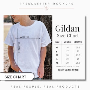 Tabla de tallas Gildan 5000B para jóvenes, tabla de tallas Gildan 5000B unisex, guía de tallas de camisetas para niños, medidas de camisetas para niños, gráficos de la tienda