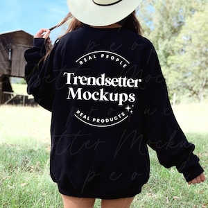 Gildan 18000 Black Mockup, Back of Shirt, Western Cowgirl Crewneck Sweatshirt Mock-up, Trendy G18000 Pullover, Real Person Model