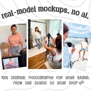 The image is a collage of three photos featuring a woman in a pink top posing in a studio setting, another woman taking a photo of the same woman, and a third photo of the woman on the beach.