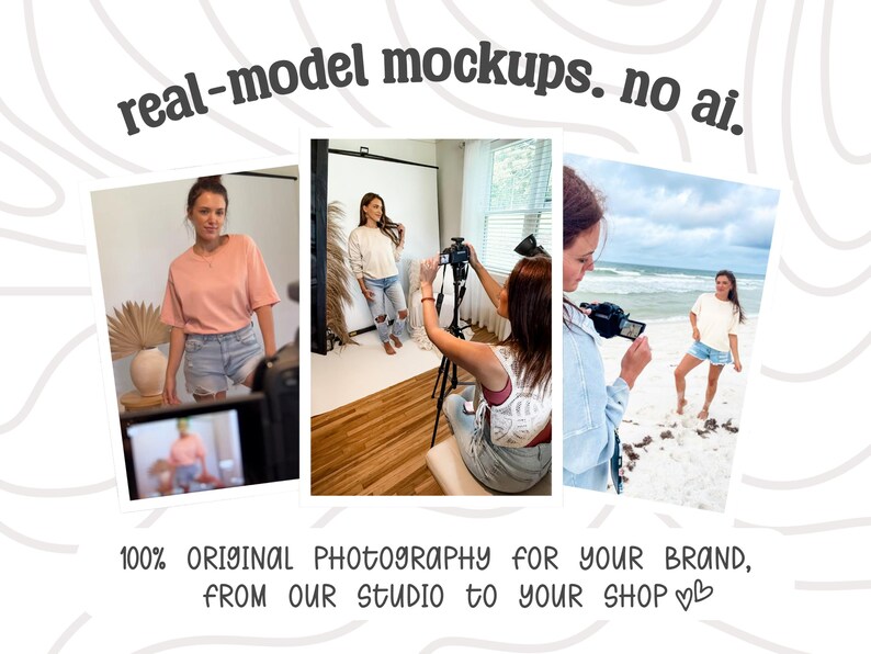 The image is a collage of three photos featuring a woman in a pink top posing in a studio setting, another woman taking a photo of the same woman, and a third photo of the woman on the beach.