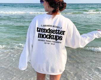 Gildan 18000 White Sweatshirt Mockup, G18000 Back View, Beach Lifestyle