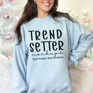 Gildan 18000 Light Blue Mockup, G18000 Christmas Sweatshirt Mock-Up, Trendy Pastel Holiday, Retro Xmas Pullover, Real Person Model