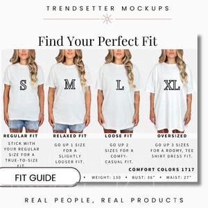 Guía de tallas de Comfort Colors 1717, Tabla de tallas CC1717, Guía de tallas de camisetas, Maqueta de Comfort Colors, Medidas de camisetas, Modelo de persona real