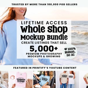 The cover image for Trendsetter Mockups Whole Shop Bundle which includes over 5,000 high-quality real people mockups featuring popular print-on-demand apparel for brands like Comfort Colors, Gildan, Bella Canvas, and more.