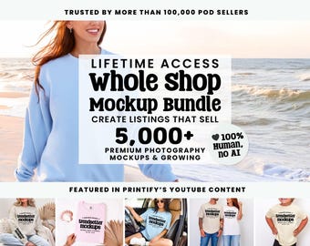 Puede incluir: Imagen promocional de un paquete de maquetas de tienda completa con acceso de por vida. El texto incluye "Crea listados que vendan" y "5.000+ Maquetas de fotografía premium y en crecimiento". La imagen también indica "100% Humano, sin IA".