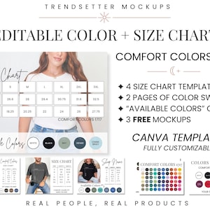 Editable Comfort Colors 1717 Color and Size Chart, CC1717 Teeshirt Color Swatch Chart, C1717 Unisex Size Chart, Customizable Canva Template