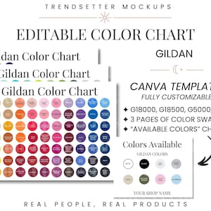 Tabla de colores Gildan editable, plantilla de Canva (descarga digital)