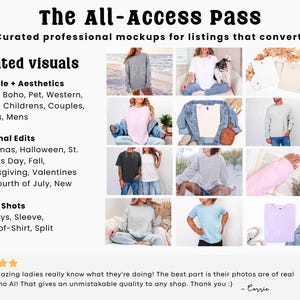 May include: A promotional graphic with the text "The All-Access Pass" and "Curated professional mockups for listings that convert." It showcases various mockups, including lifestyle, seasonal, and detail shots, with examples of t-shirts and apparel.