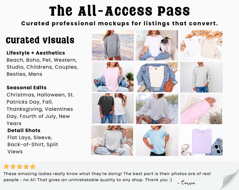 May include: A promotional graphic with the text "The All-Access Pass" and "Curated professional mockups for listings that convert." It showcases various mockups, including lifestyle, seasonal, and detail shots, with examples of t-shirts and apparel.