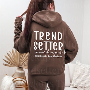 Comfort Colors 1467, 1469 Espresso Set Mockup | CC1469 Fleece Sweatpants | C1467 Back of Hoodie Mock-up | Real Person Model | Cozy Aesthetic