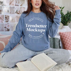 Comfort Colors 6014 Blue Jean Shirt Mockup | CC6014 Blue Sleeve Tee | C6014 T-Shirt Mock-up | Real Model | Trendy Bookish Aesthetic