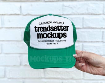 Otto 39-169 Green White Mockup, Mesh Trucker Hat, Real Model (Digital Download)