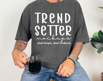 Comfort Colors 1717 Pepper Mockup, CC1717 Mens Mock-up, Trendy Grey Crewneck Tshirt, Real Person Male Model, POD Listing Image PNG