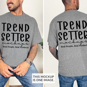 Gildan 5000 Graphite Heather Mockup, Mens Front and Back of Shirt Mockup, G5000 Trendy Grey Mock-Up, Double Sided Simple Mock, Male Model