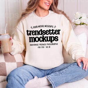 Gildan SF000 Off White Mockup, Softstyle Sweatshirt, Real Person Model