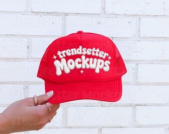 Otto 39-169 Red Hat Mockup, Trucker Hat Mock, Real Model